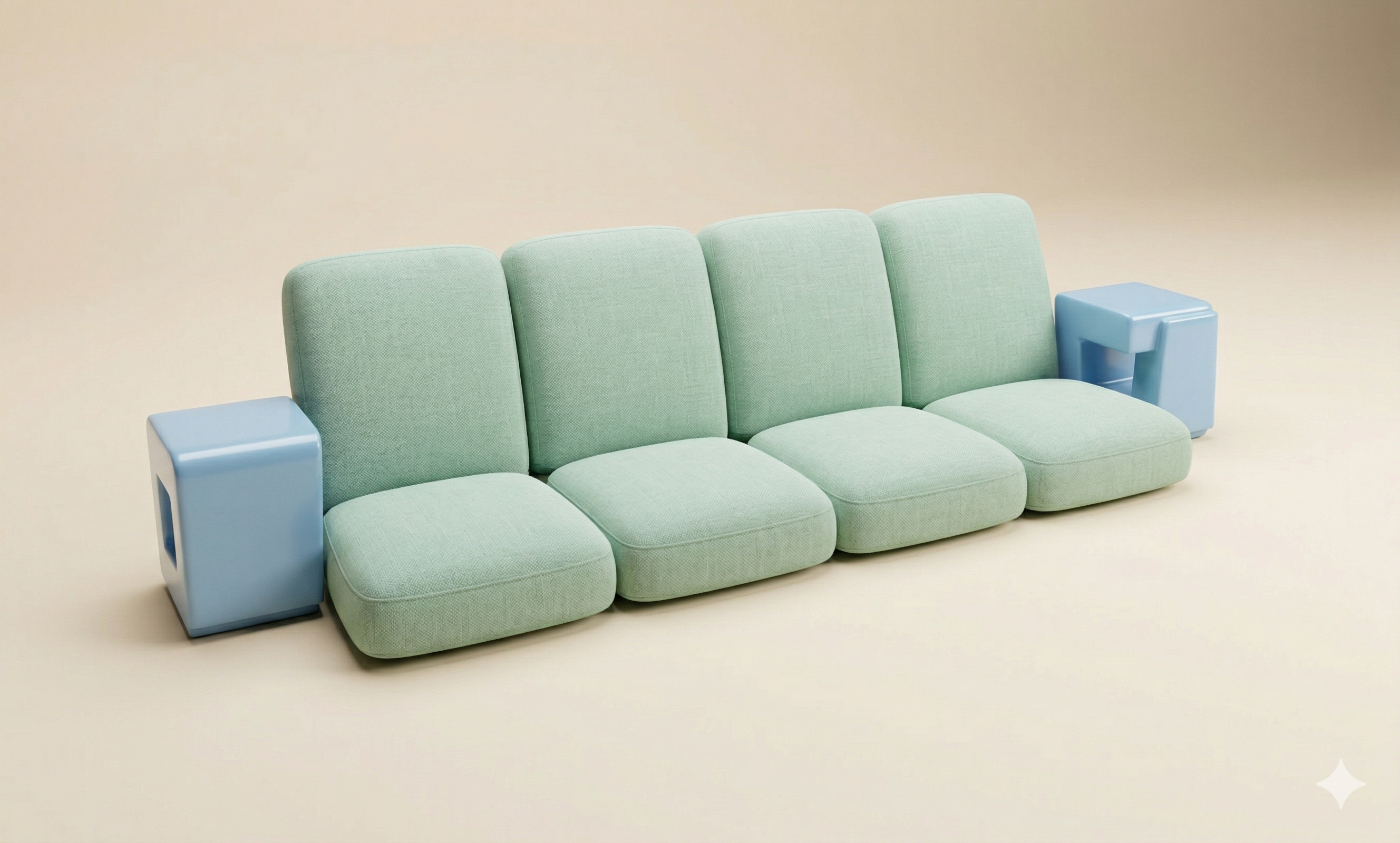 Four-seat sofa with blue side tables