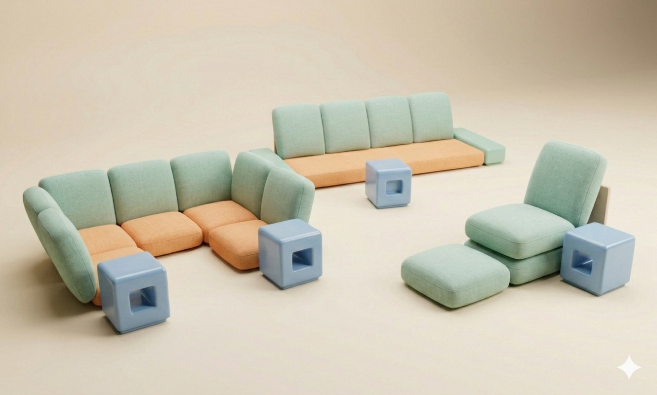 Three modular arrangements: corner sofa, straight four-seat sofa, and lounge chair with ottoman