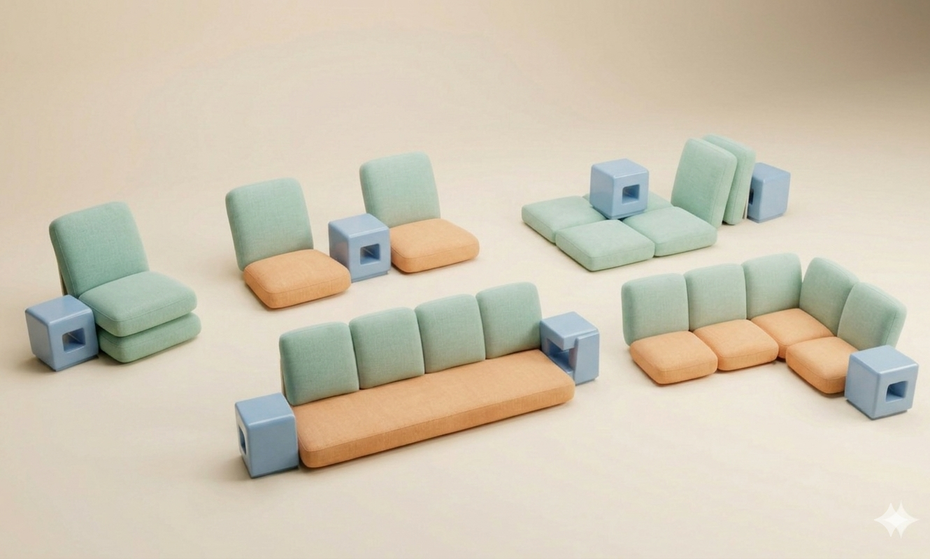 Five modular furniture configurations in one overview