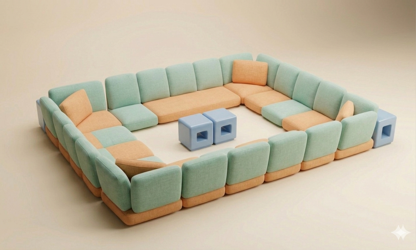 Modular seating in a rectangular ring with open center